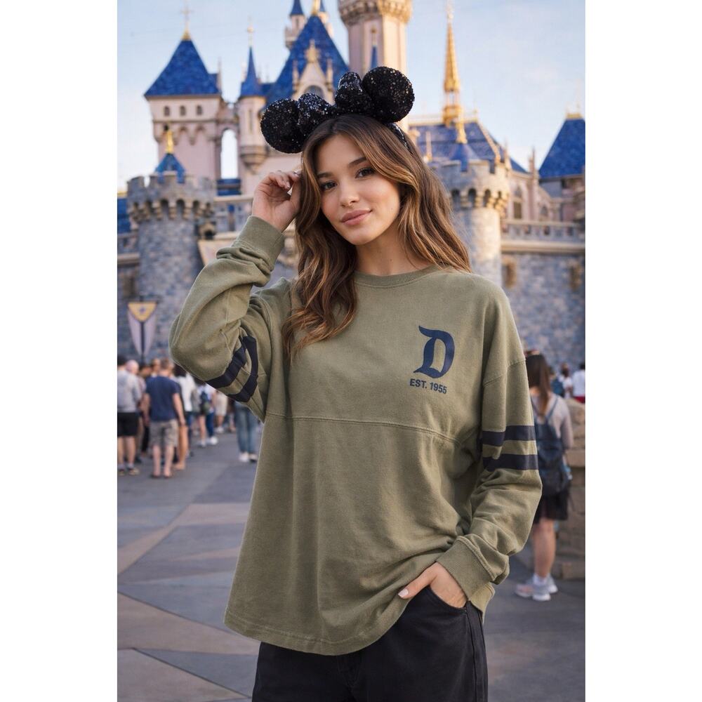 Disney Spirit Jersey Shirt Unisex Small Olive Green Pullover Long Sleeve Graphic